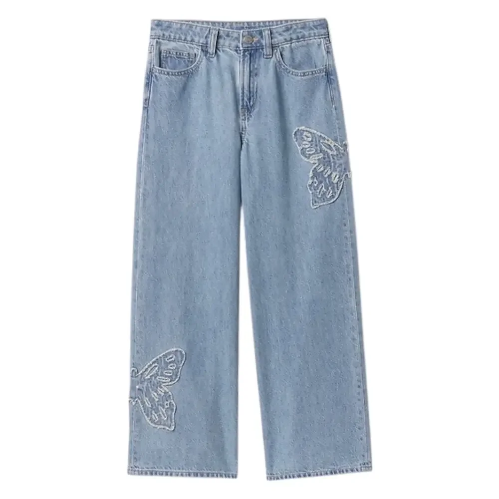 Gap Kids Butterfly Patch Wide Leg Jeans Y2K Denim Boho Aesthetic Sz Kids 12 Plus